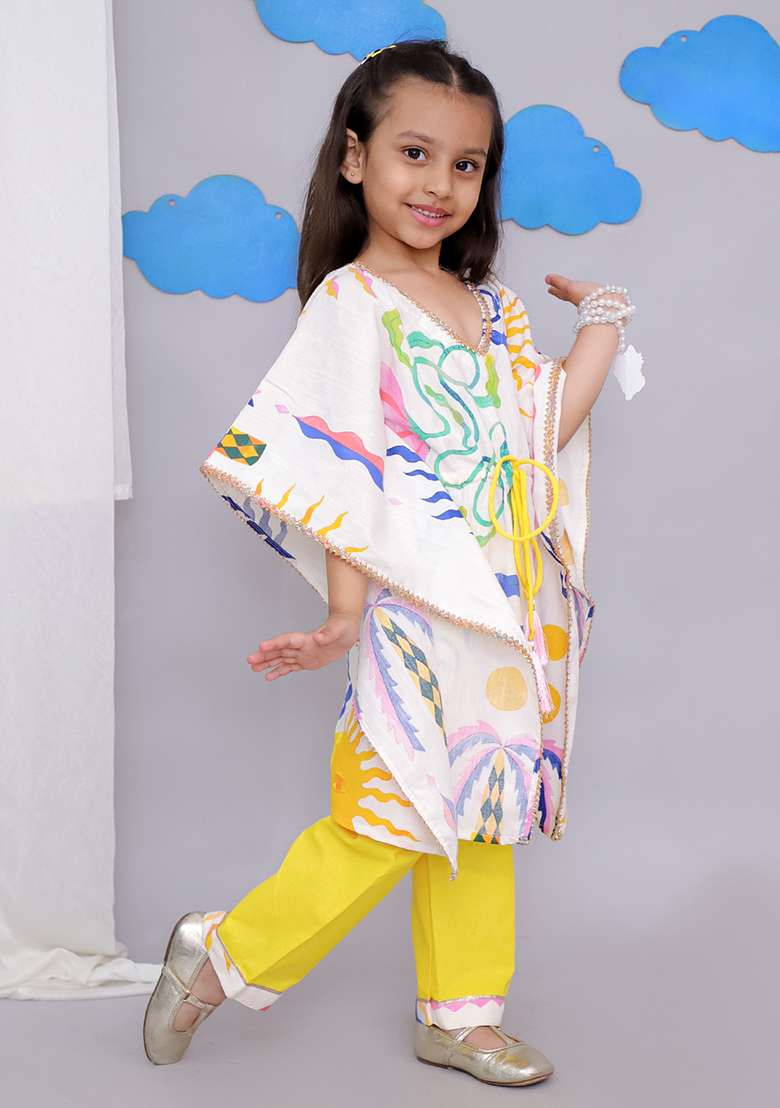 Yellow Sun Print Kaftan Kurta Set For Girls - Indya