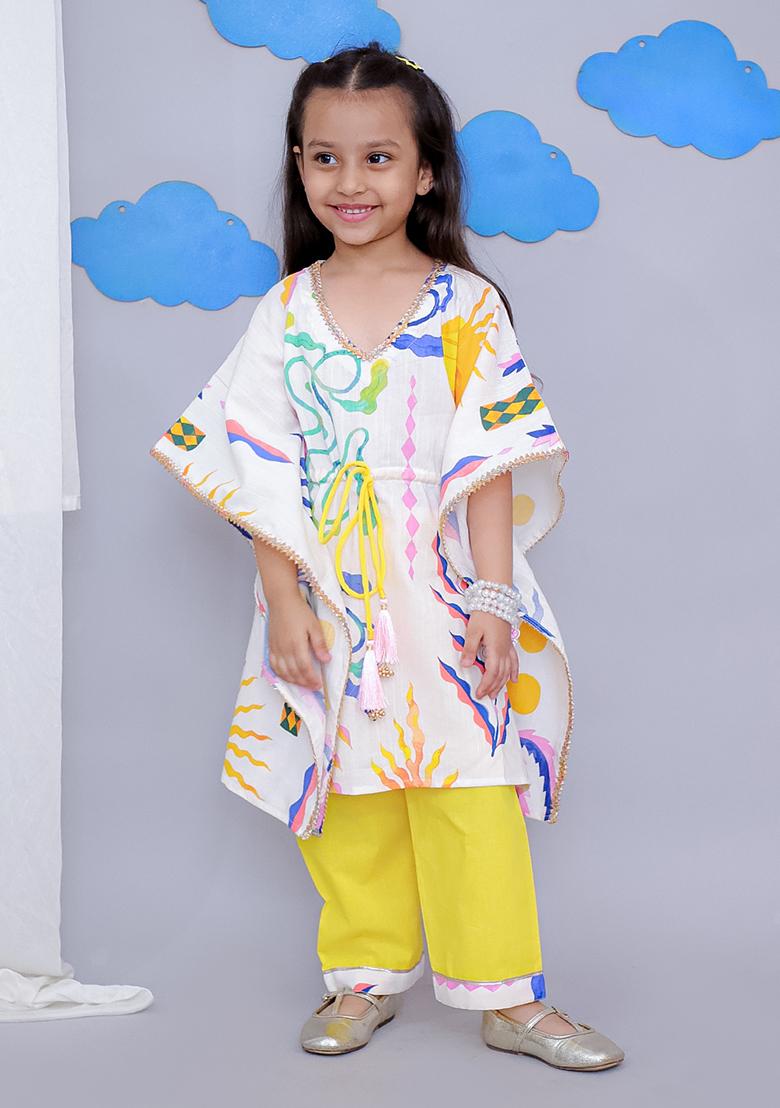 Yellow Sun Print Kaftan Kurta Set For Girls