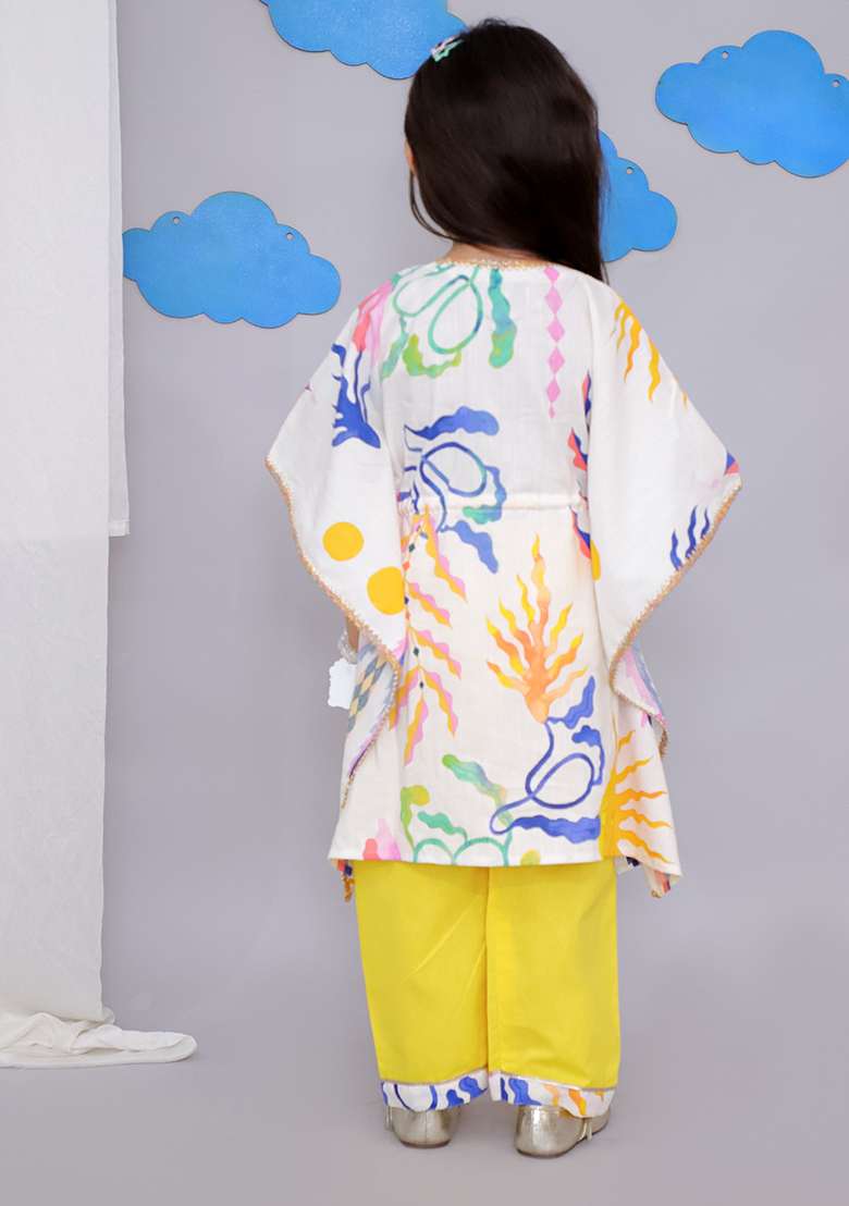 Yellow Sun Print Kaftan Kurta Set For Girls - Indya