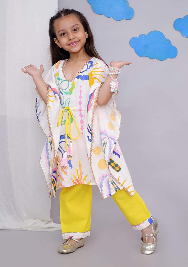 Yellow Sun Print Kaftan Kurta Set For Girls