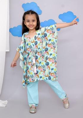 Blue Tiger Print Kaftan Kurta Set For Girls