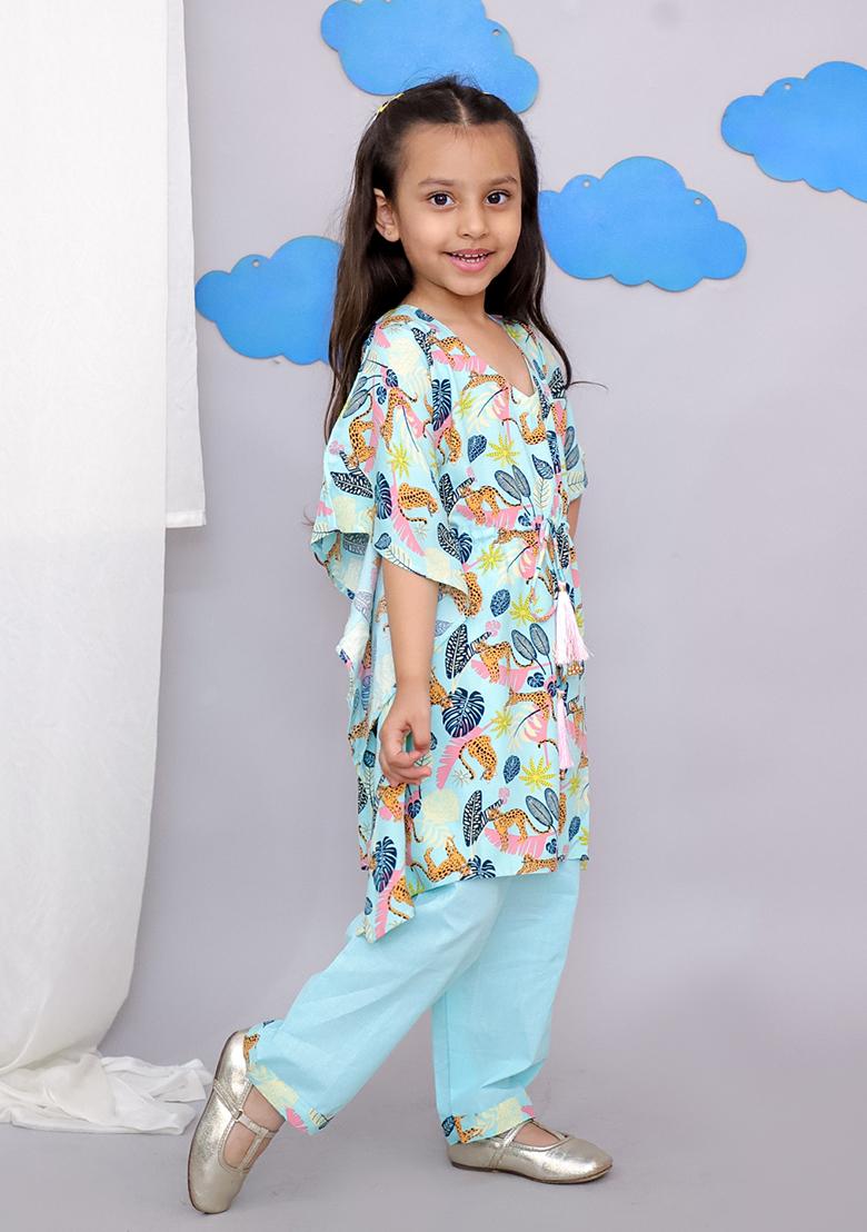 Blue Tiger Print Kaftan Kurta Set For Girls