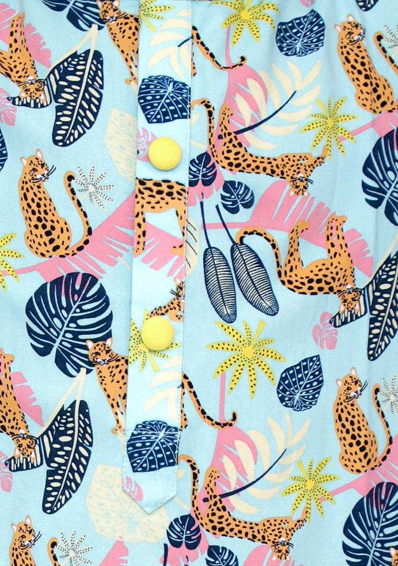 Blue Tiger Print Kaftan Kurta Set For Girls