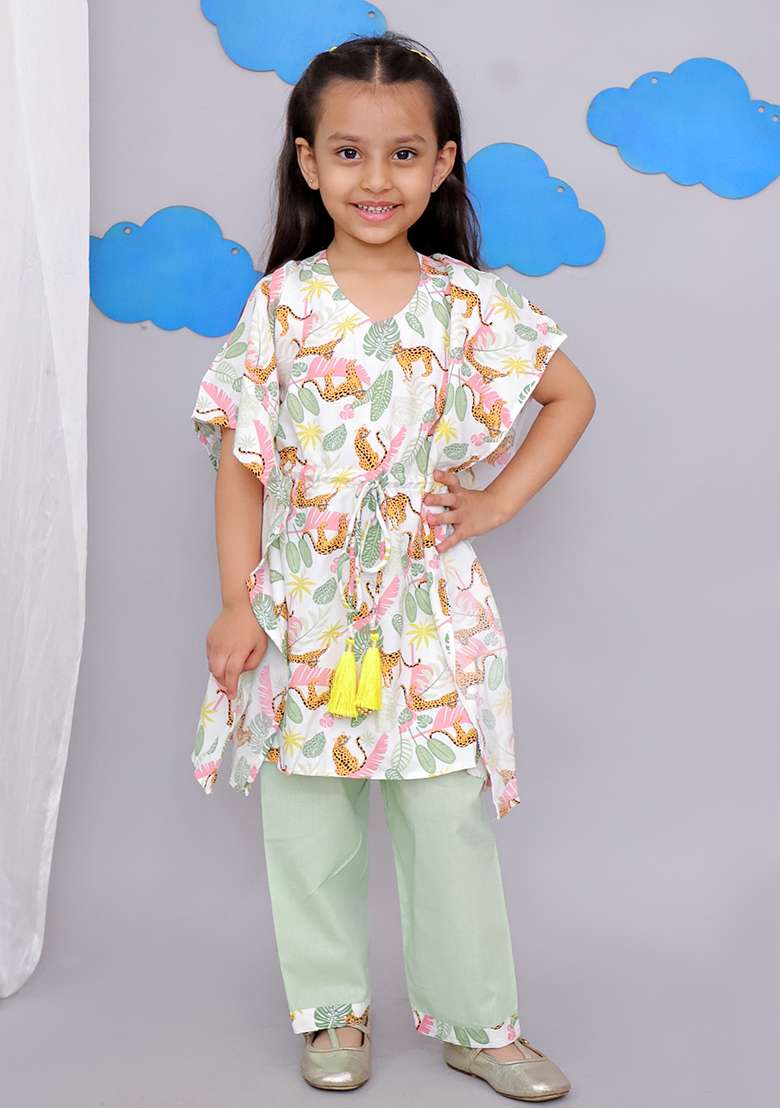 White Tiger Print Kaftan Kurta Set For Girls - Indya