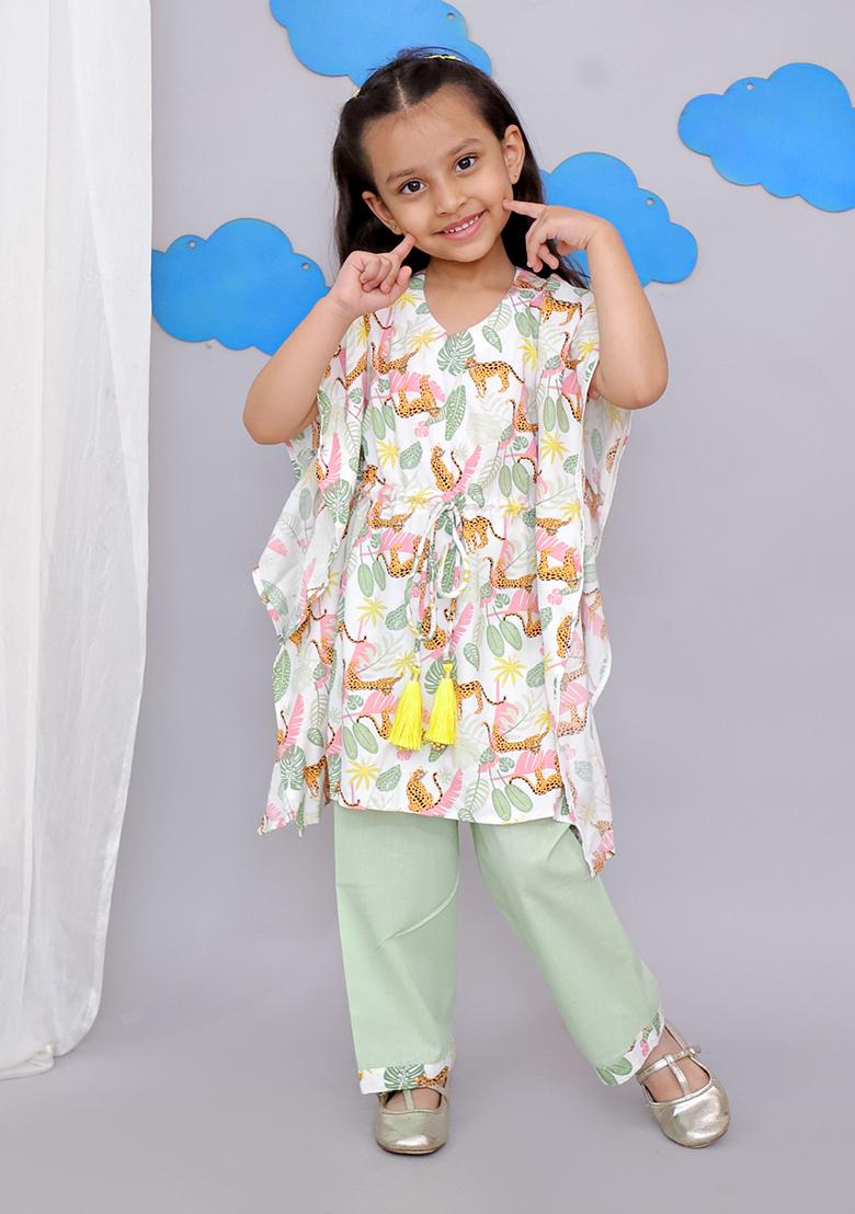 White Tiger Print Kaftan Kurta Set For Girls