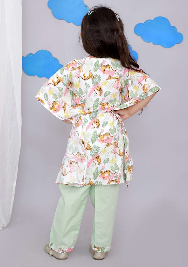 White Tiger Print Kaftan Kurta Set For Girls - Indya