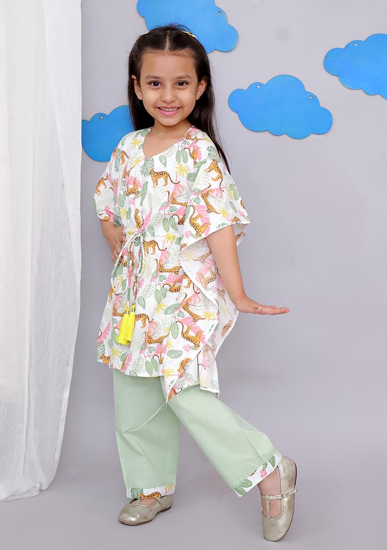 White Tiger Print Kaftan Kurta Set For Girls