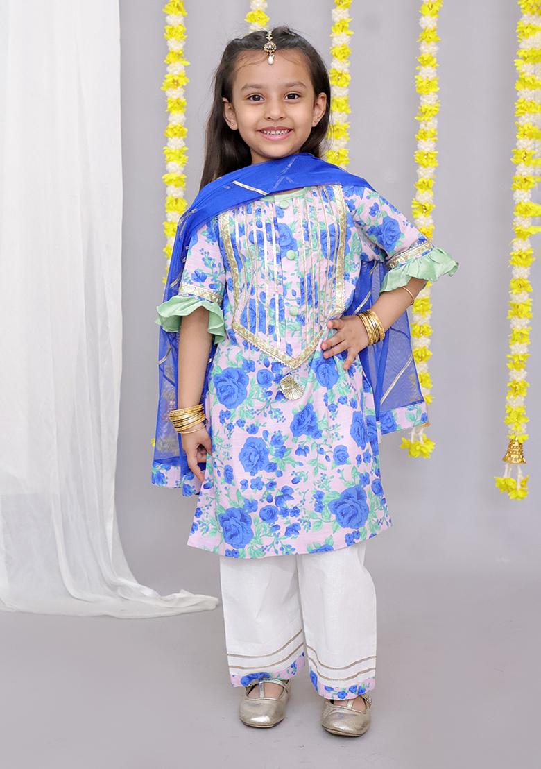 Blue Rose Print Kurta Set For Girls
