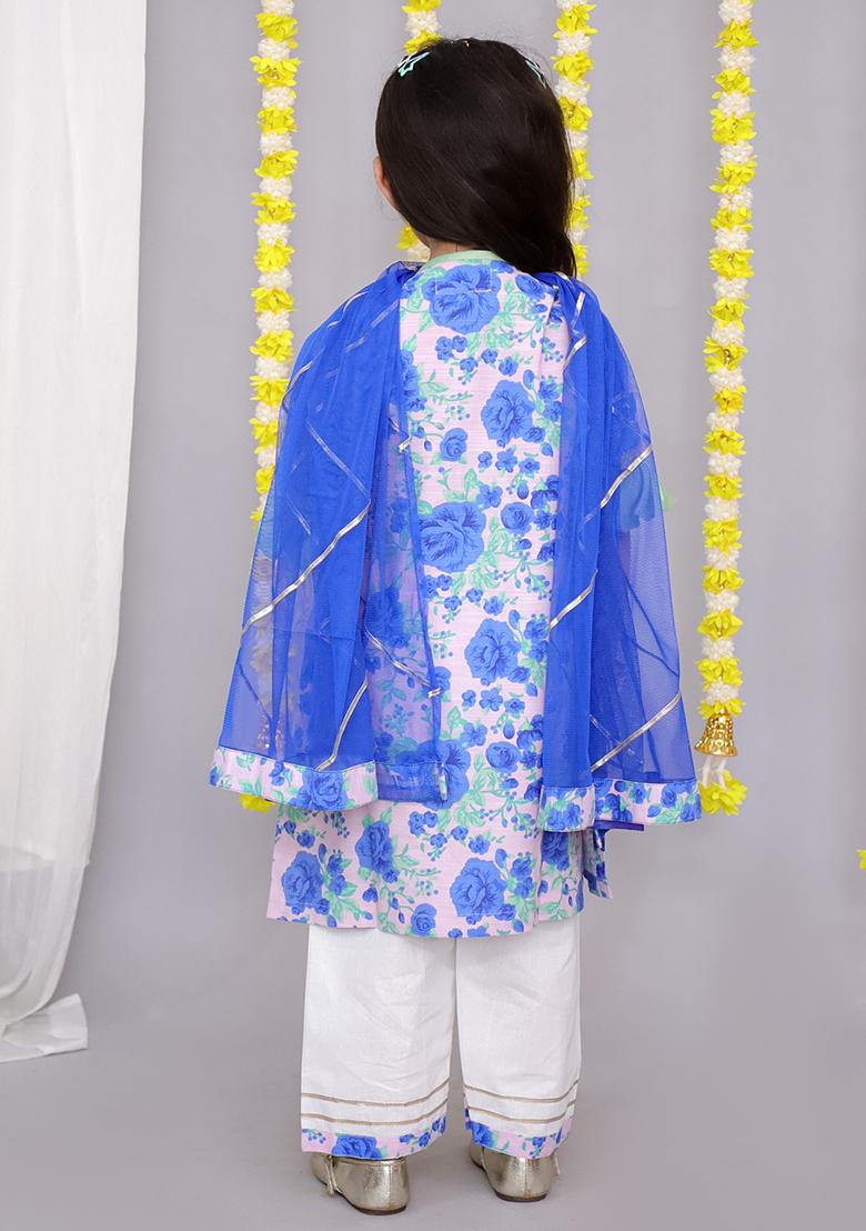 Blue Rose Print Kurta Set For Girls