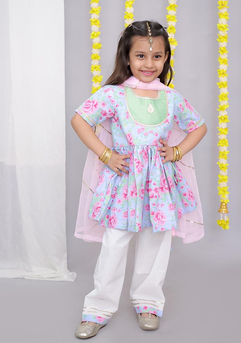 Pink Rose Print Angrakha Set For Girls
