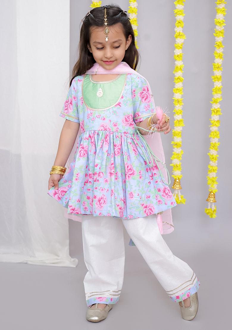 Pink Rose Print Angrakha Set For Girls