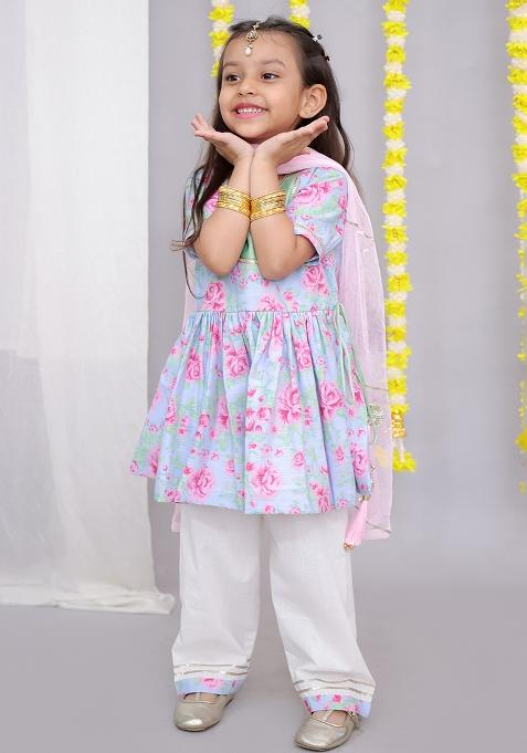 Pink Rose Print Angrakha Set For Girls