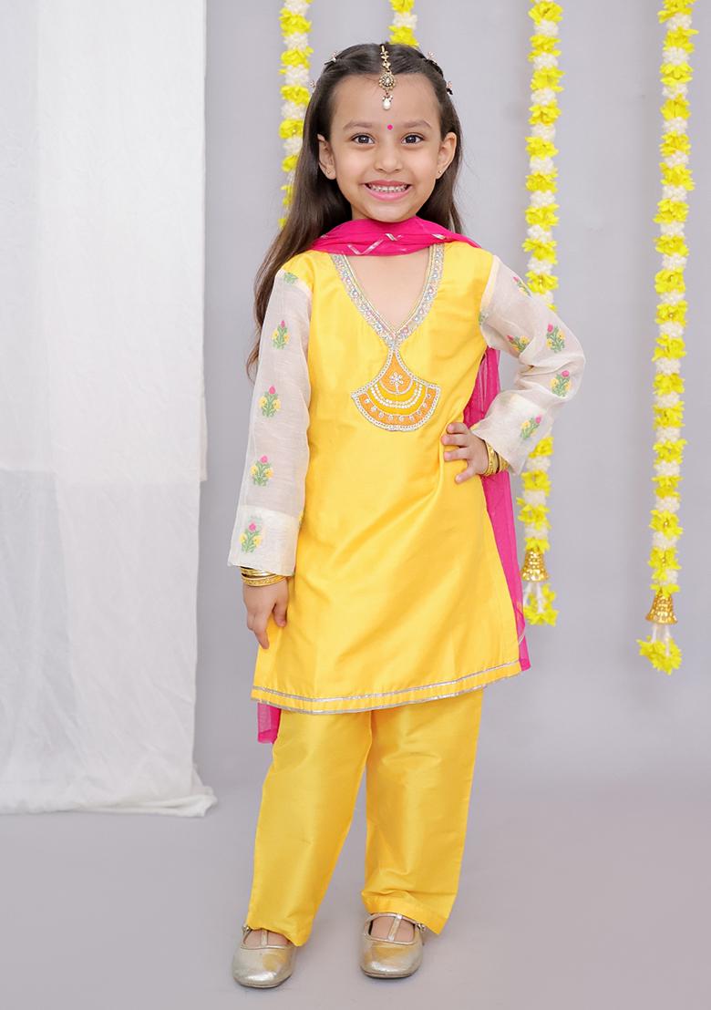 Mustard White Chanderi Emb Kurta Set For Girls