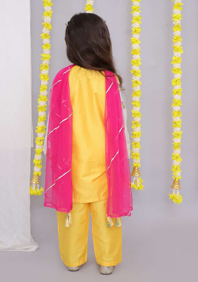 Mustard White Chanderi Emb Kurta Set For Girls - Indya