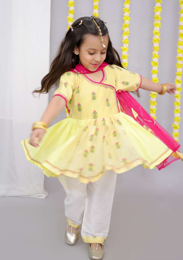 Yellow Chanderi Angrakha Set For Girls - Indya