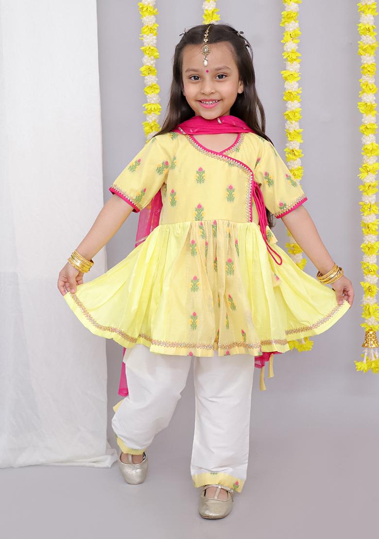 Yellow Chanderi Angrakha Set For Girls