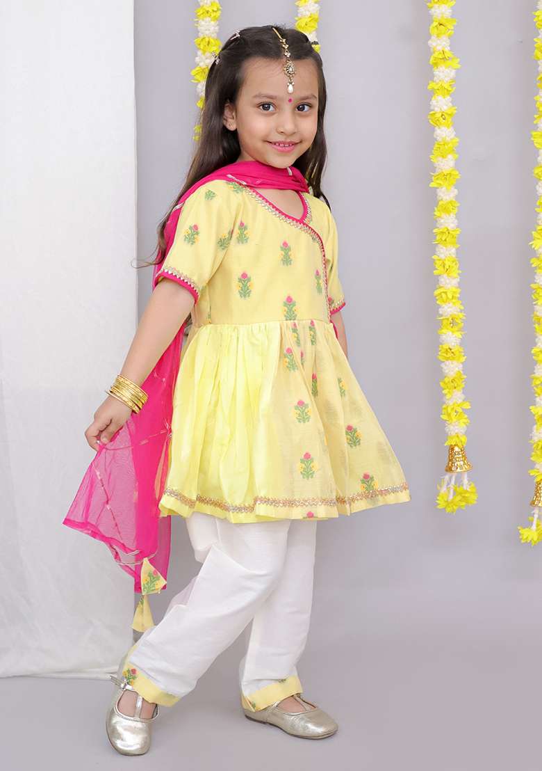 Yellow Chanderi Angrakha Set For Girls - Indya