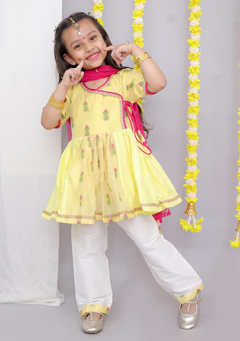 Yellow Chanderi Angrakha Set For Girls