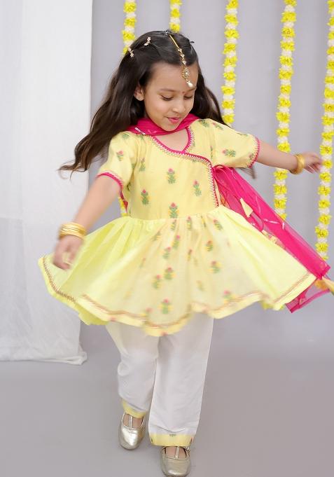 Yellow Chanderi Angrakha Set For Girls