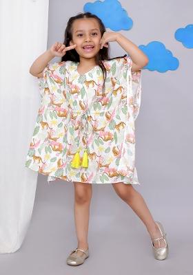 White Tiger Print Kaftan For Girls