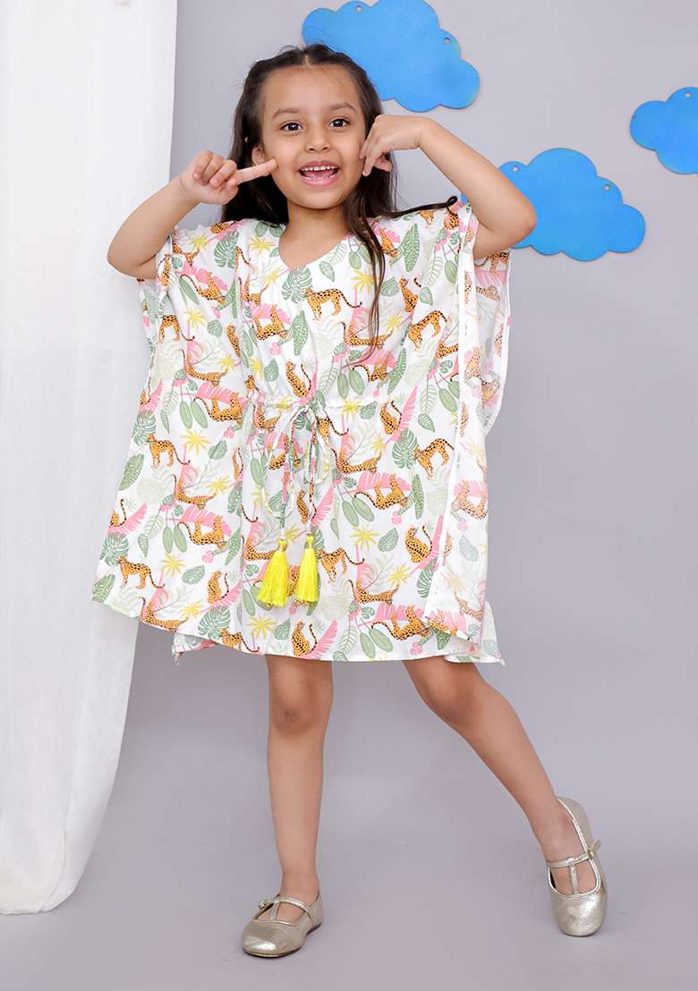 White Tiger Print Kaftan For Girls - Indya