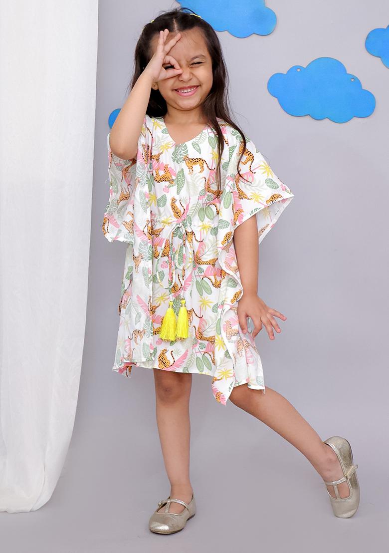 White Tiger Print Kaftan For Girls