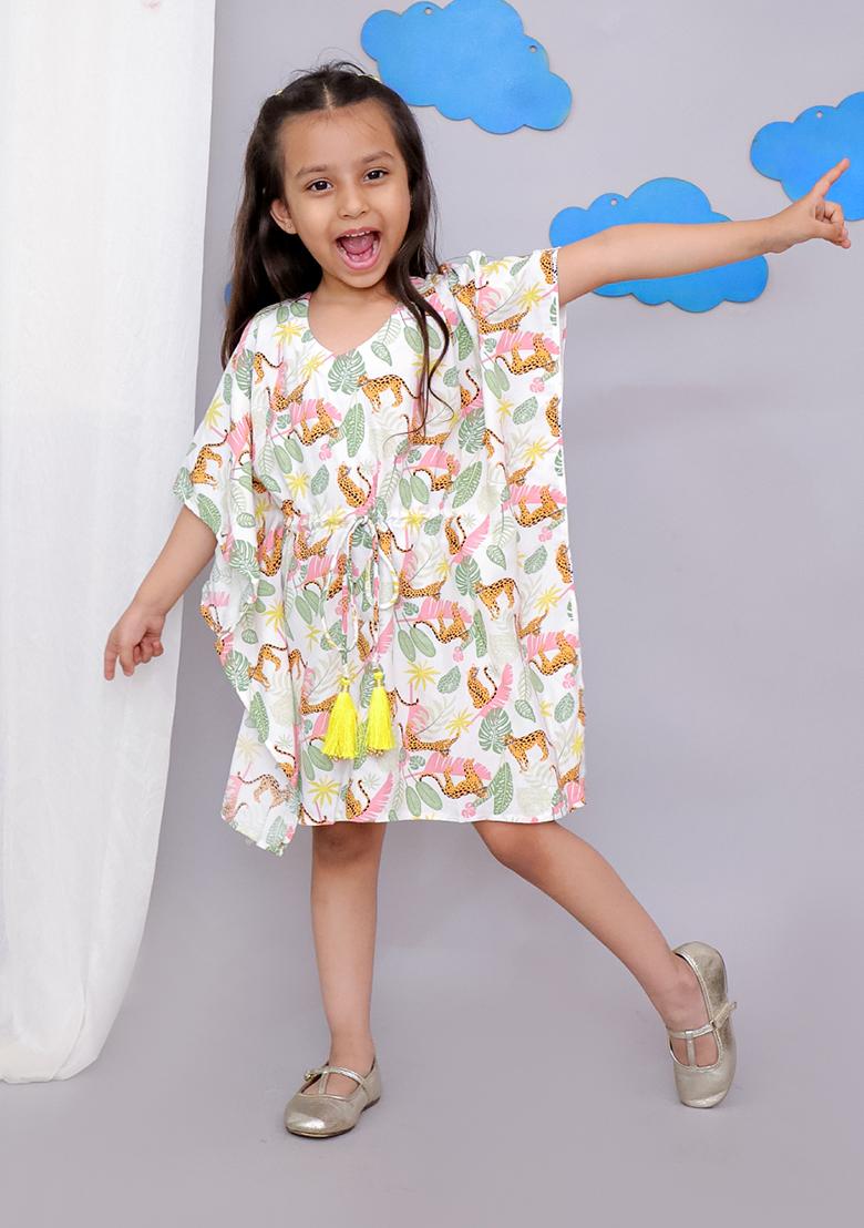 White Tiger Print Kaftan For Girls