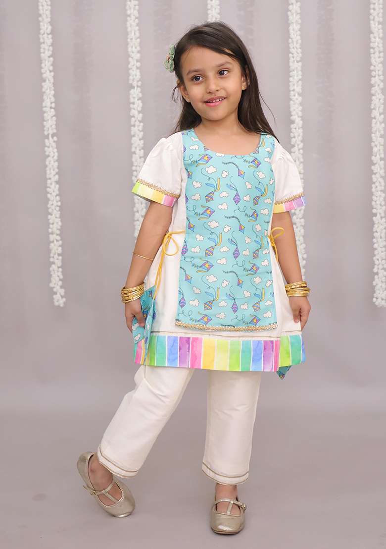 Off White Sky Blue Kite Print Kurta Set For Girls - Indya