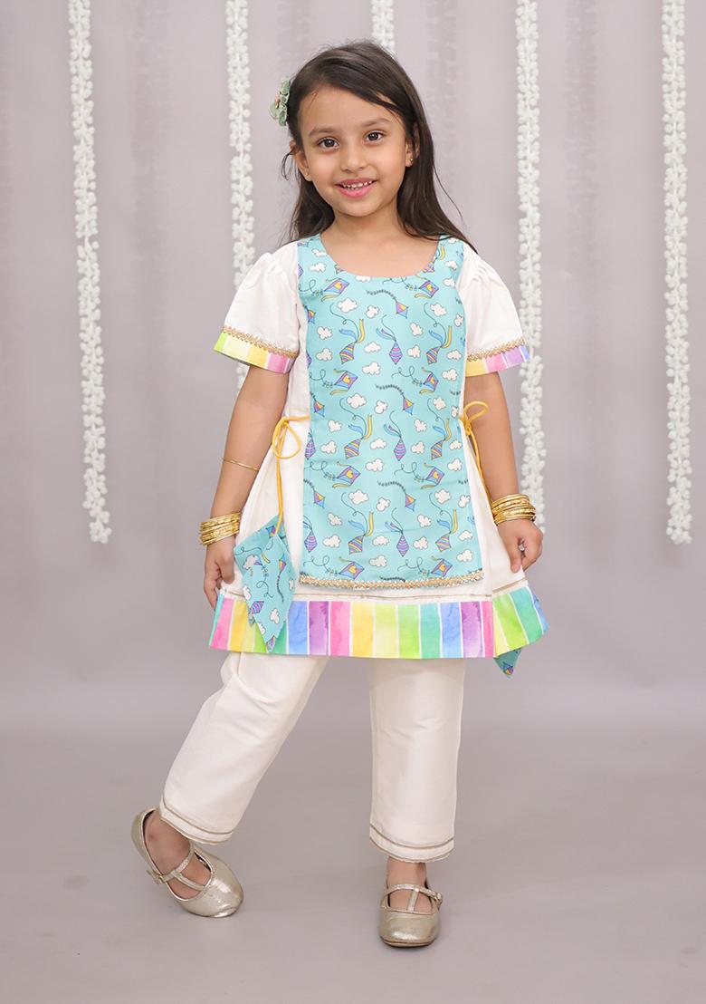 Off White Sky Blue Kite Print Kurta Set For Girls