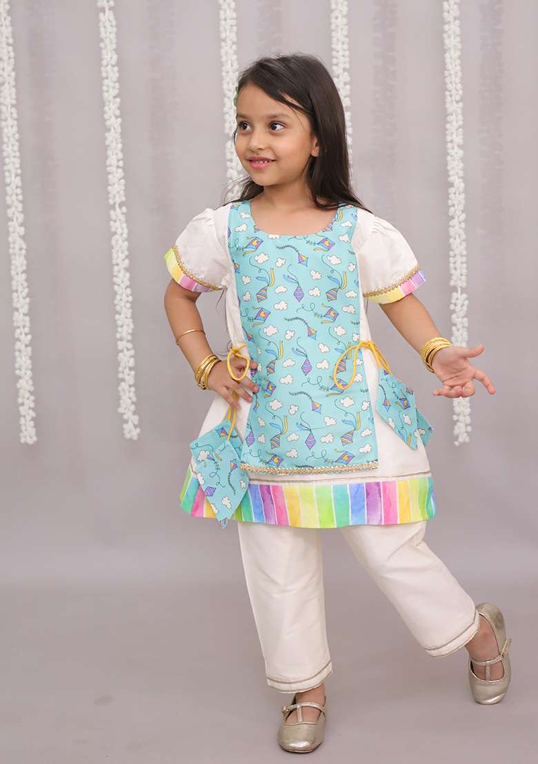 Off White Sky Blue Kite Print Kurta Set For Girls - Indya