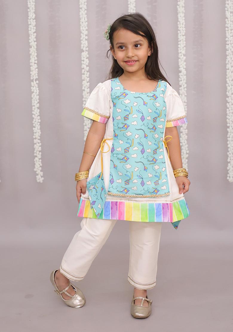 Off White Sky Blue Kite Print Kurta Set For Girls