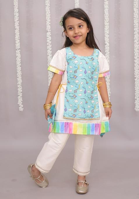 Off White Sky Blue Kite Print Kurta Set For Girls
