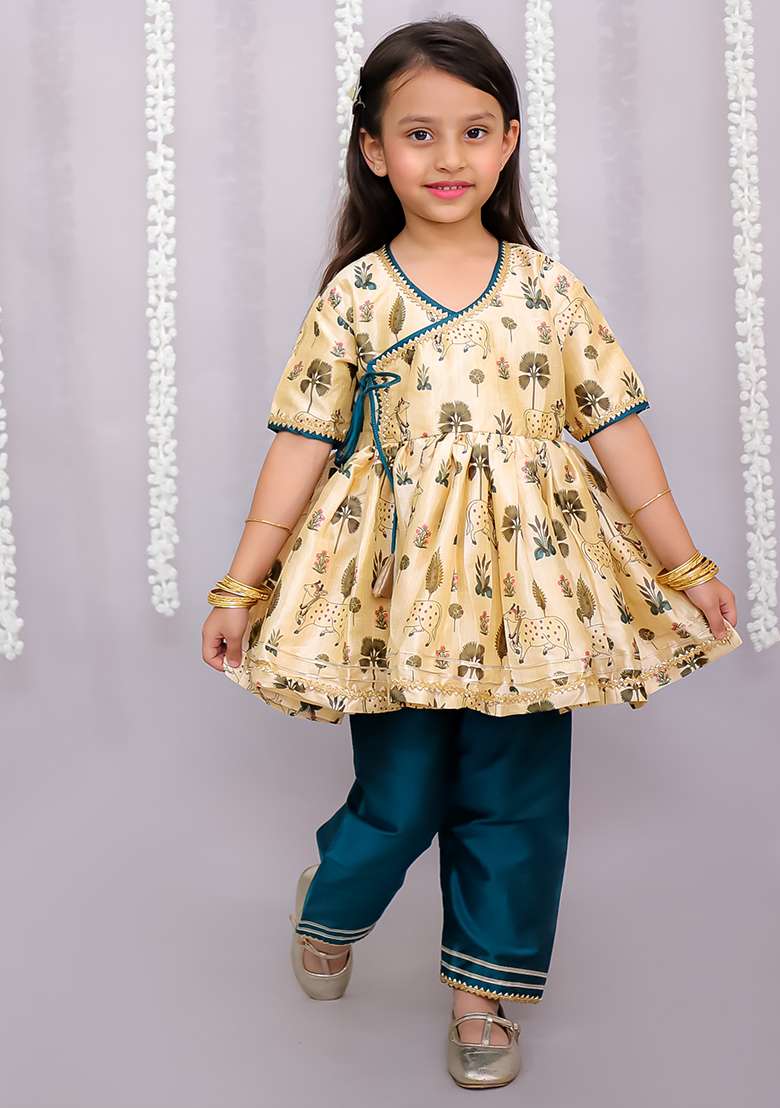 Beige Cow Printed Angrakha Set For Girls - Indya
