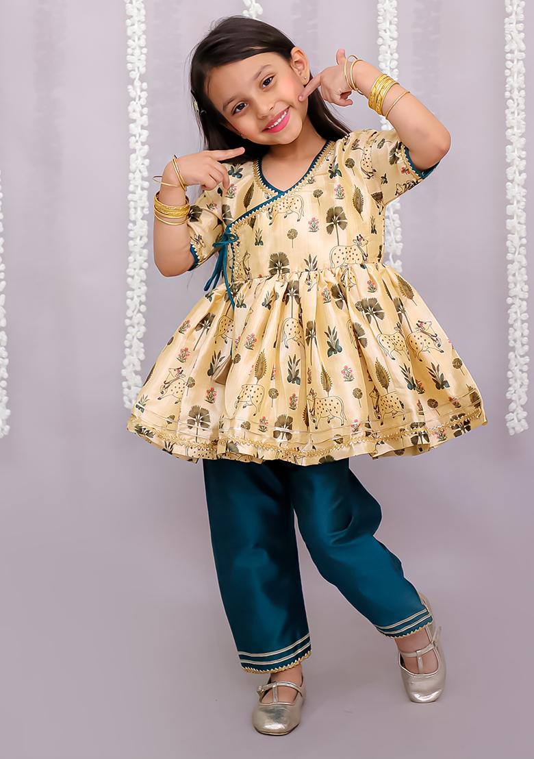 Beige Cow Printed Angrakha Set For Girls