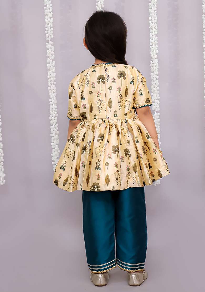Beige Cow Printed Angrakha Set For Girls - Indya