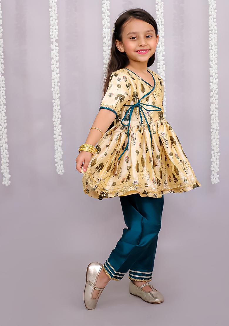 Beige Cow Printed Angrakha Set For Girls