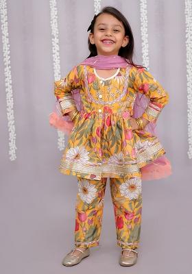 Orange Flower Print Angrakha Set For Girls