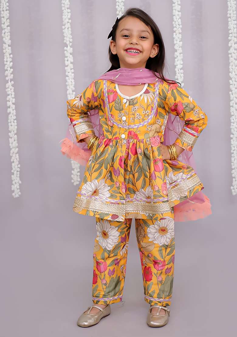 Orange Flower Print Angrakha Set For Girls - Indya