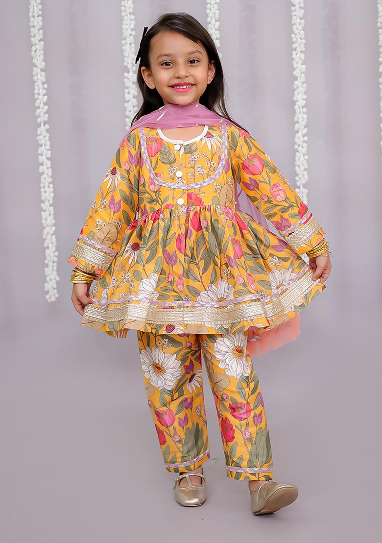 Orange Flower Print Angrakha Set For Girls