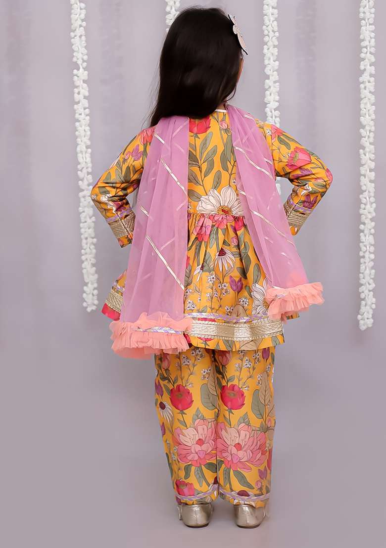 Orange Flower Print Angrakha Set For Girls - Indya