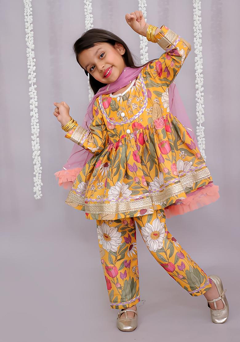 Orange Flower Print Angrakha Set For Girls