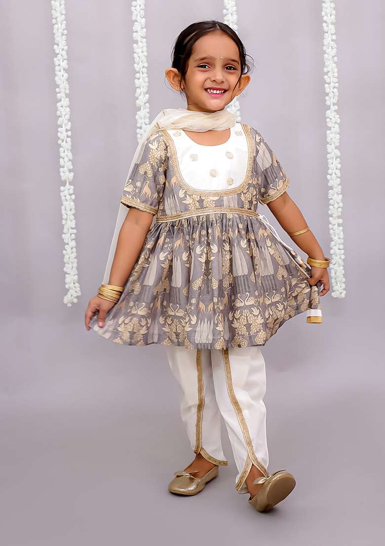 Grey Pichwai Print Set For Girls - Indya
