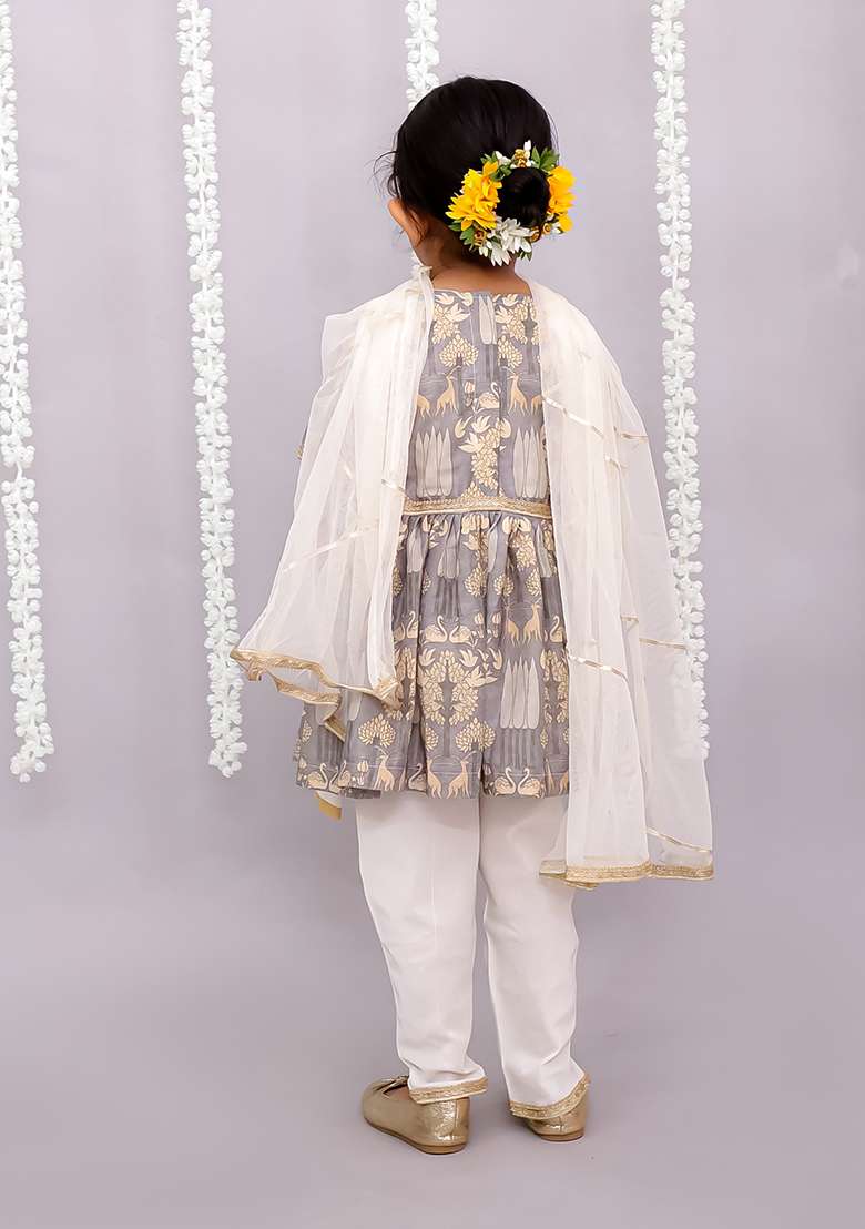 Grey Pichwai Print Set For Girls - Indya