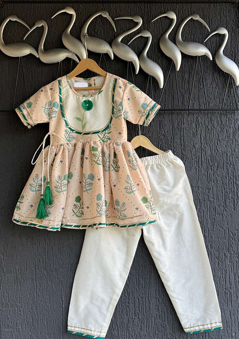 Beige Floral Printed Anchor Thread Kurta Set For Girls - Indya