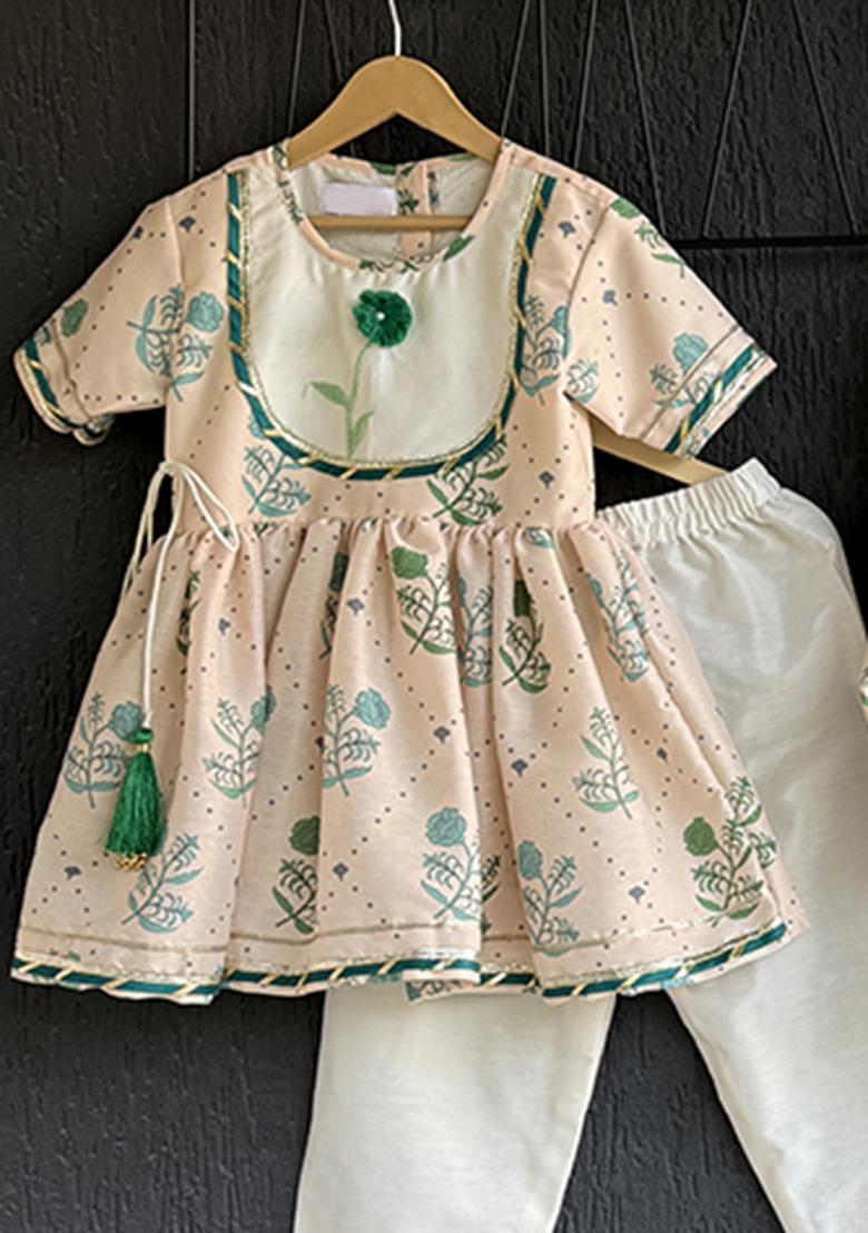 Beige Floral Printed Anchor Thread Kurta Set For Girls