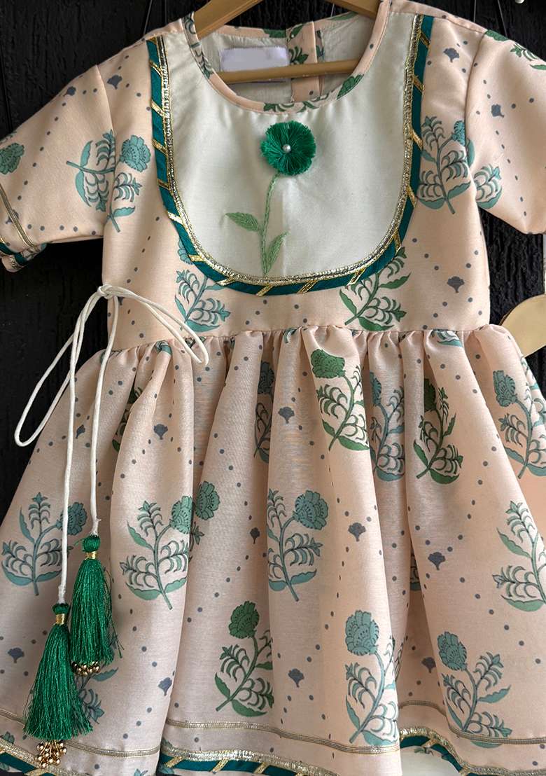 Beige Floral Printed Anchor Thread Kurta Set For Girls - Indya