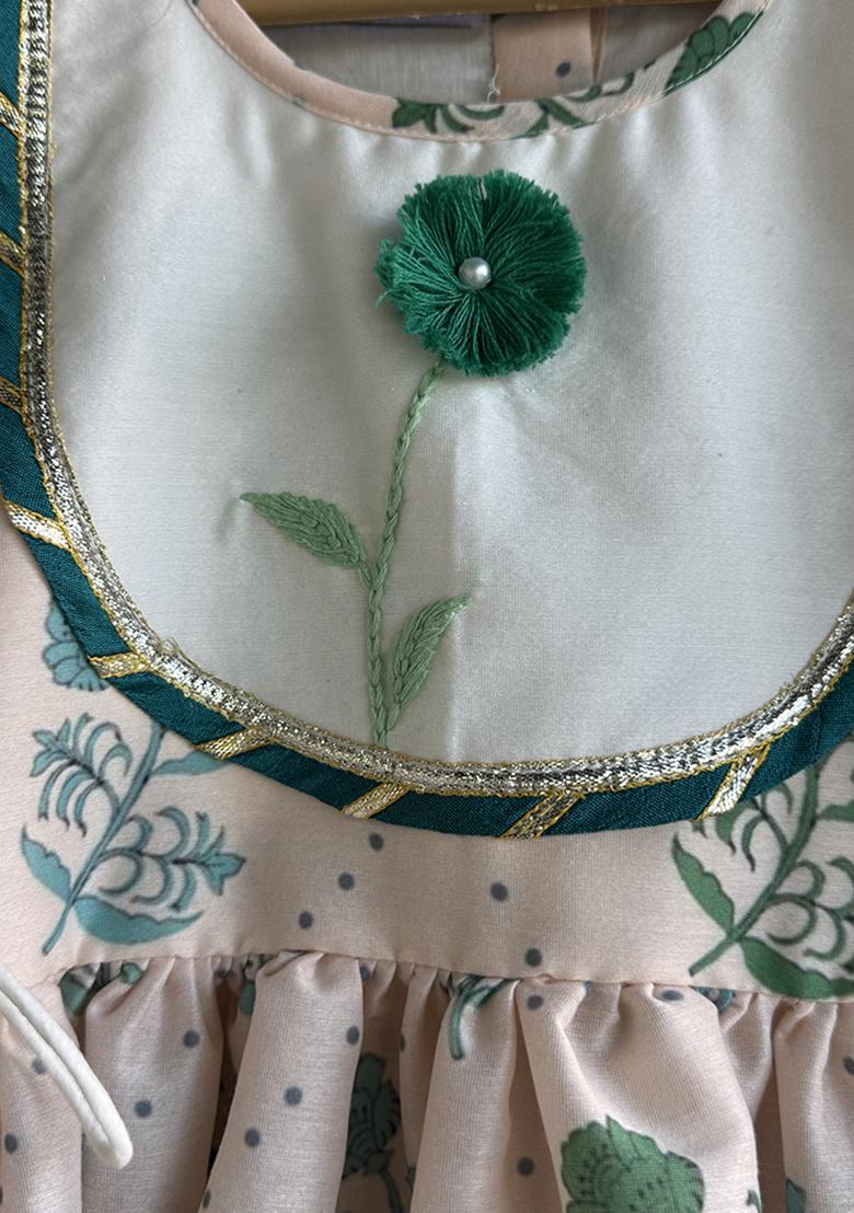 Beige Floral Printed Anchor Thread Kurta Set For Girls