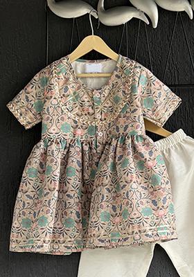 Beige Floral Jaal Print Kurta Set For Girls