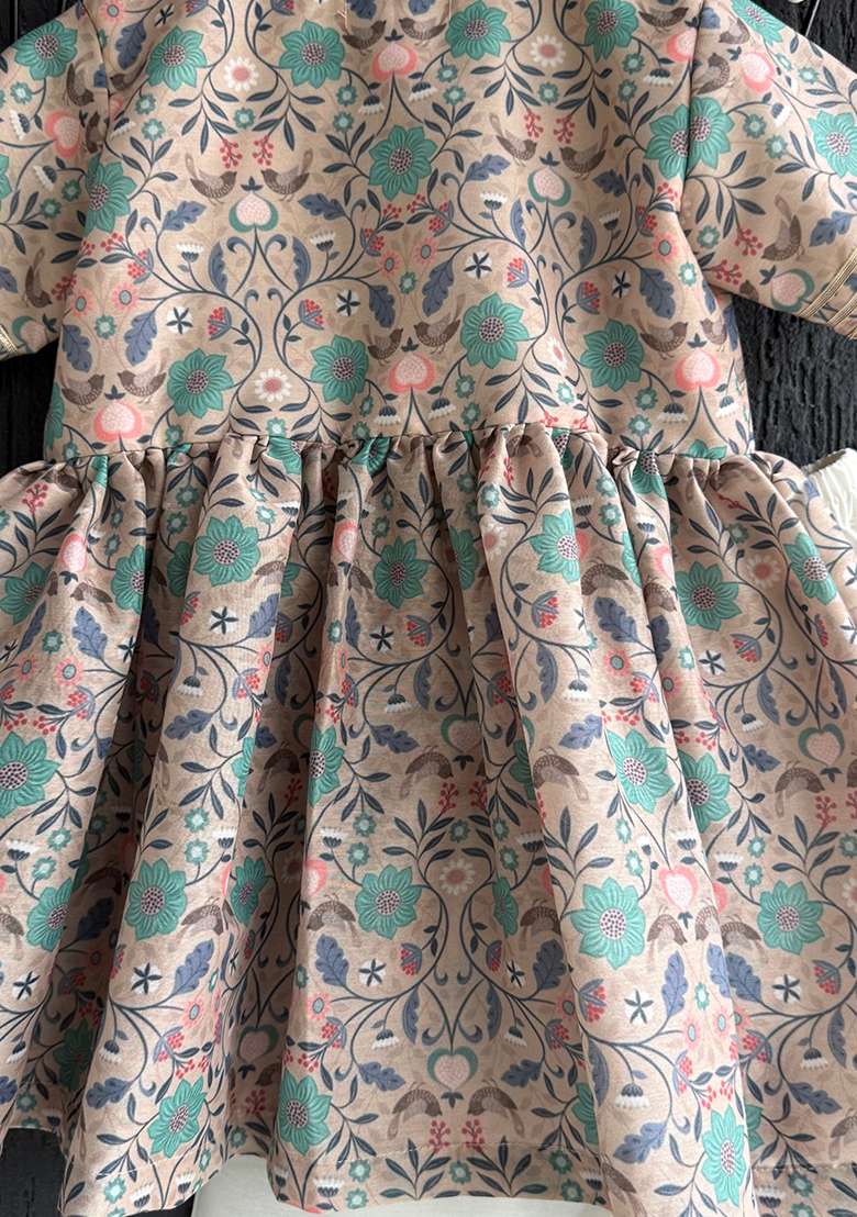 Beige Floral Jaal Print Kurta Set For Girls - Indya