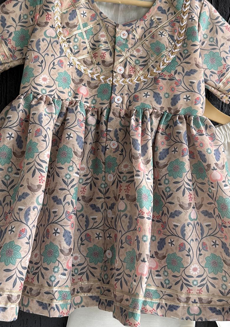 Beige Floral Jaal Print Kurta Set For Girls